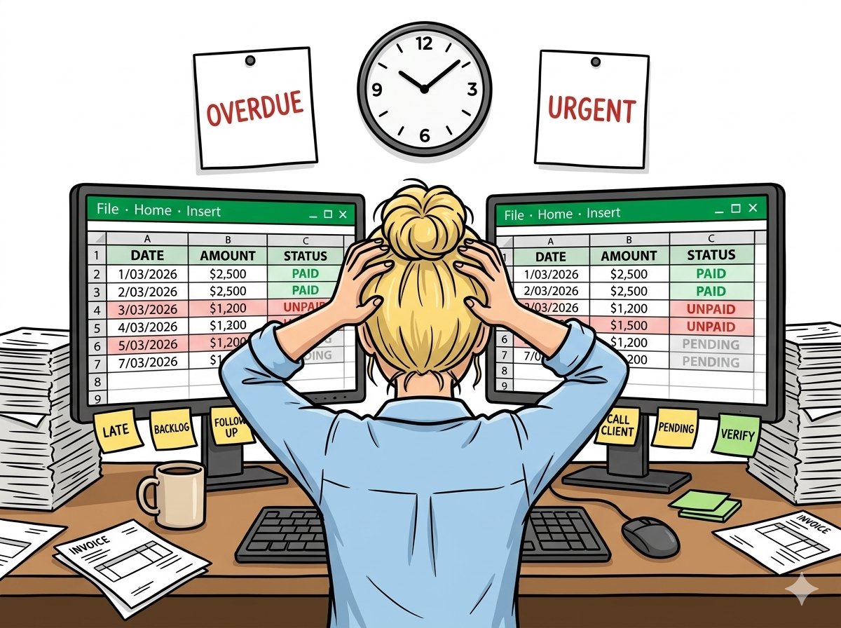 Stressed office worker holding her head, surrounded by spreadsheets showing overdue and unpaid invoices, with sticky notes and stacks of paperwork.